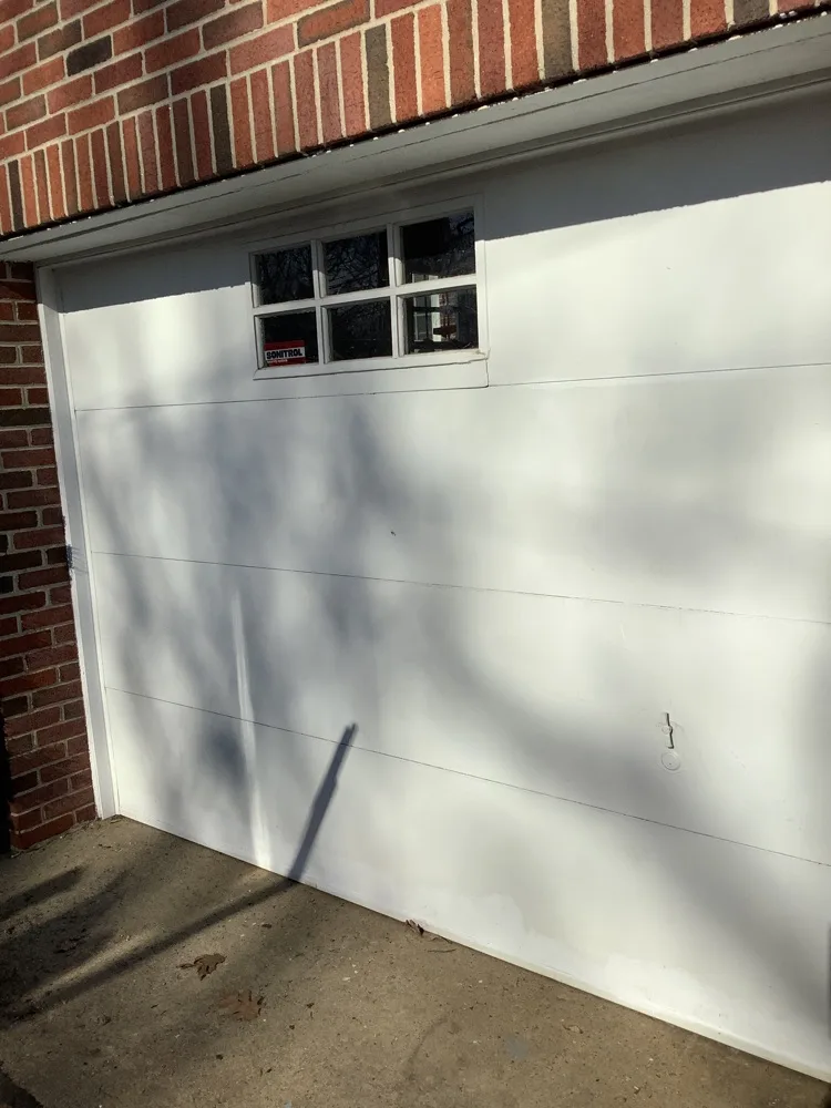 A flush white garage door in a red brick wall with a small six-pane window in the top section, hard low-sun shadows of bare branches falling across the door and the concrete apron.